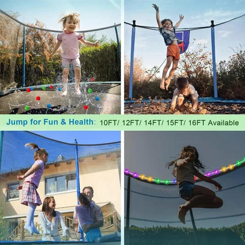 Vista 9 de 1500 libras 10 12 14 15 16 pies para adultos y niños con rociador, luces, aro de baloncesto, bolas de agua, 16 calcetines, trampolín recreativo