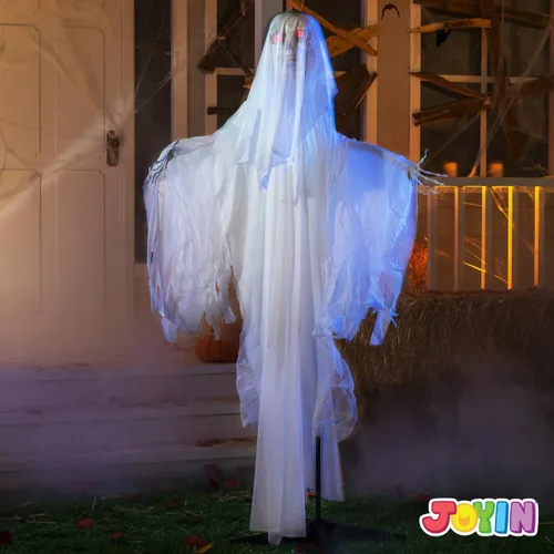 Vista 7 de JOYIN Decoraciones de Halloween de 67 pulgadas para exteriores, decoración de fantasmas animatrónicos de tamaño real, esqueleto activado por sonido