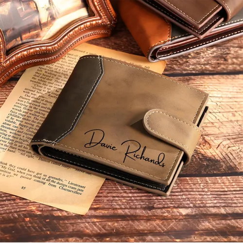Vista 6 de Billeteras personalizadas para hombres, para papá, regalos para padres, foto delgada, tarjetero, piel sintética, grabada, imagen de cumpleaños