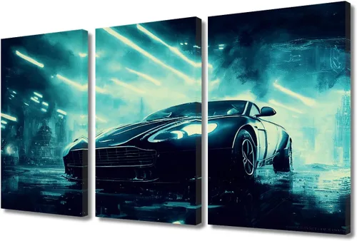 Vista 27 de Arte de pared de 3 piezas de escena de ciencia ficción de la calle comercial futurista paisaje urbano, decoración de pared para dormitorio