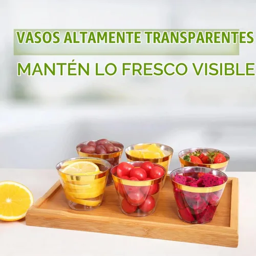 Vista 4 de Tobvory Paquete de 100 vasos de plástico con borde dorado, vasos de plástico duro transparente de 9 onzas, vasos desechables de alta calidad