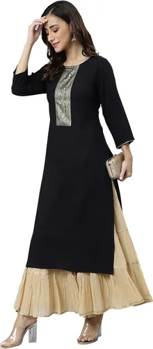 Vista 6 de Janasya Kurta recta de rayón negro para mujer india