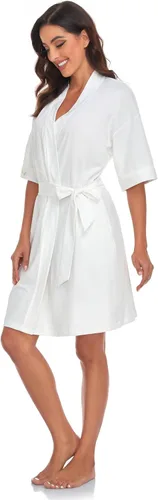Vista 95 de COLORFULLEAF Bata de baño de manga corta para mujer, 100% algodón, longitud hasta la rodilla, con bolsillos