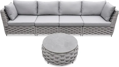 Vista 45 de Juego de muebles de cubierta: 3 piezas de sofá de conversación de patio de cuerda tejida de aluminio para 2, cómodos cojines para sofá y mesa