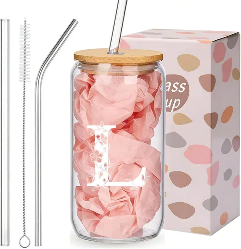 Vista 18 de Regalos personalizados para mujeres, tazas de vidrio con monograma con tapas y pajitas, regalos personalizados para mujeres, vasos de café helado