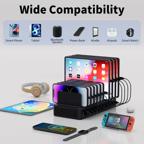 Vista 5 de Estación de carga de 60 W para múltiples dispositivos, estación de carga rápida USB de 10 puertos con divisores ajustables, base de carga