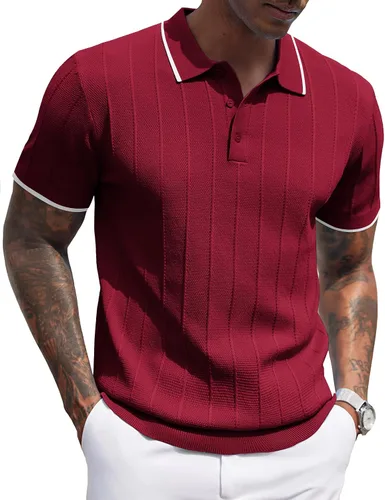 Vista 118 de COOFANDY Camisas polo de punto para hombre de manga corta con textura acanalada Camisas de golf casuales y ligeras con cuello Camiseta de polo