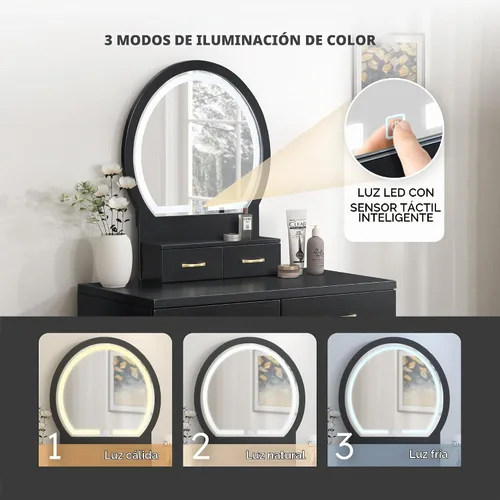 Vista 4 de Lexicon Tocador moderno con espejo, luces LED, 3 modos de iluminación, pequeño juego de tocador de maquillaje con 4 cajones y taburete acolchado