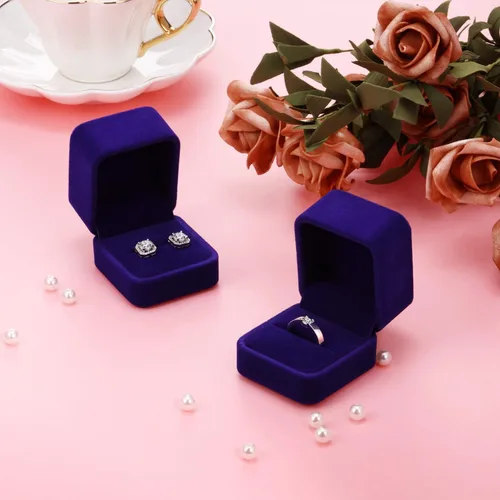 Vista 7 de Caja de 4 piezas de terciopelo para aretes, caja de regalo para boda, compromiso, cumpleaños y aniversario (azul rey)