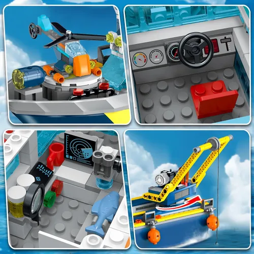 Vista 5 de HiWEEGO City Floatable Boat Building Set with LED Light - Ocean Arctic Explorer Ship Building Block Kit with Helicopter, Sub Exploration Toy
