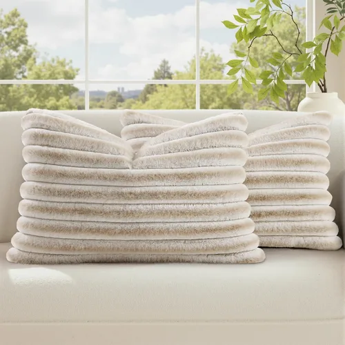 Vista 73 de decorUhome Fundas de almohada de piel sintética, juego de 2, decorativas, afelpadas, suaves, afelpadas, a rayas, parte posterior de terciopelo