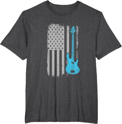 Vista 87 de Electric Bass Guitar Player American Flag Musician T-Shirt Asphalt Grey