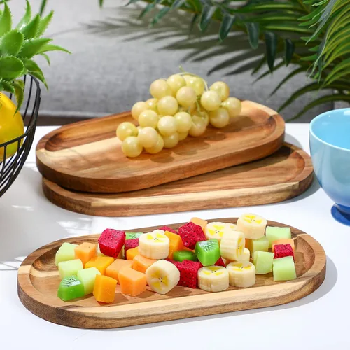 Vista 5 de Yaomiao 4 bandejas de madera de acacia ovaladas de madera rústica, bandeja decorativa grande natural para comida, charcutería, queso, pan, fruta