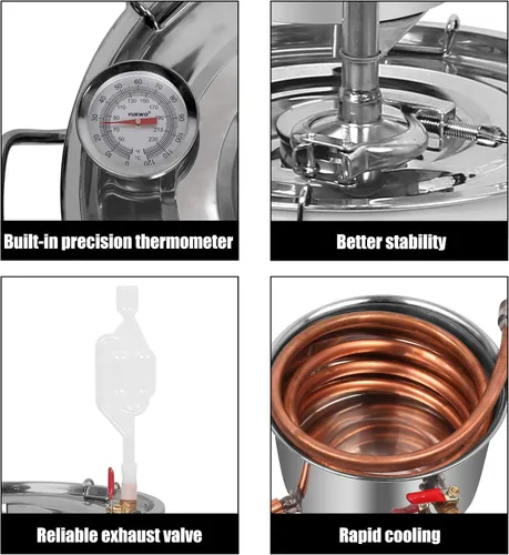 Vista 4 de YUEWO Still 8Gal 30L acero inoxidable agua alcohol destilador tubo de cobre kit de preparación casera para bricolaje whisky vino brandy