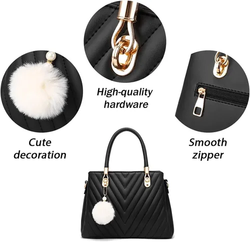 Vista 5 de Bolsos de cuero de moda para mujer, bolsos acolchados con asa superior, bolso de hombro para mujer con pompón