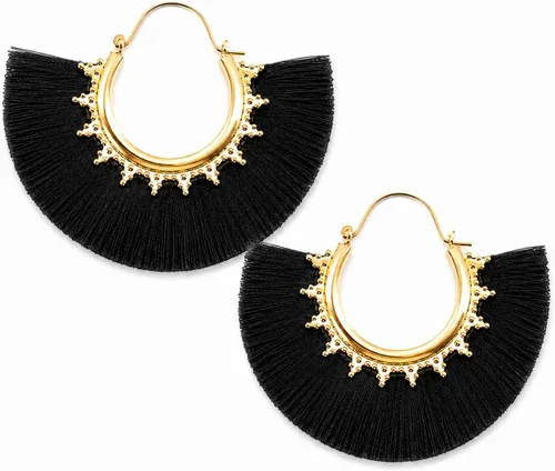 Vista 11 de Aretes de aro con borla, aretes colgantes de hilo de declaración, elegantes aretes largos con flecos, ligeros, largos y con gancho francés, para un