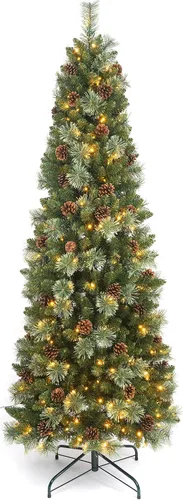 Vista 8 de Árbol de Navidad artificial preiluminado de 6.5 pies, árbol de Navidad artificial de pino con 250 luces LED, agujas de pino y conos de pino