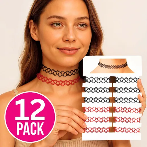 Vista 28 de BodyJ4You Juego de 12 gargantillas elásticas estilo tatuaje, accesorios y joyería de los años 90 y 2000, rosado, azul, verde, colorido, arcoíris