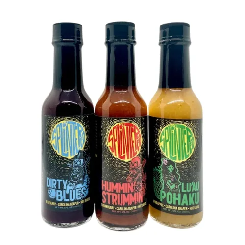 Vista 2 de The Splintered Sauce Hot Sauce Trio – Carolina Reaper Paquete variado con deliciosos maridajes de frutas, arándanos, fresas, piña, perfecto