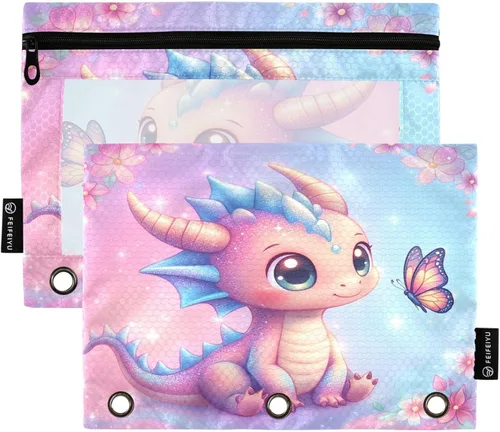 Vista 12 de Gredecor Estuche para lápices con 3 anillos con purpurina azul y rosa con cremallera, 2 unidades, organizador transparente para carpeta escolar
