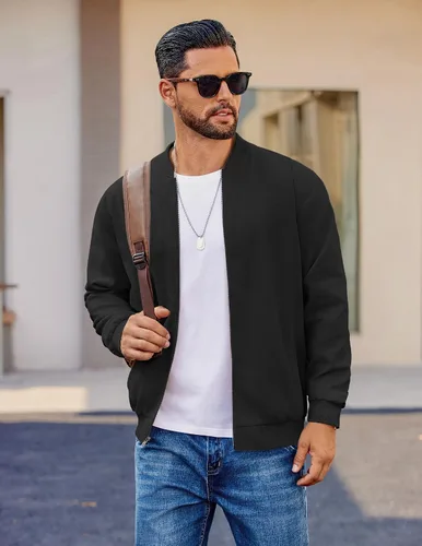 Vista 3 de COOFANDY - Chaqueta bomber de algodón para hombre, ligera, de vuelo, chaquetas casuales de softshell, chaqueta varsity
