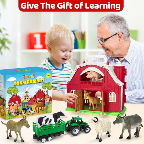 Vista 6 de Juguetes de animales de granja para niños de 1, 2, 3, 4 y 5 años, juego de granja grande de granero rojo con figuras de animales y juguete
