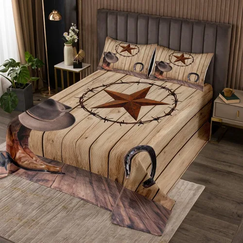 Vista 39 de Colcha de vaquero occidental para niños, tamaño individual, juego de colcha rústica de herraduras, cactus y herraduras, decoración de habitación