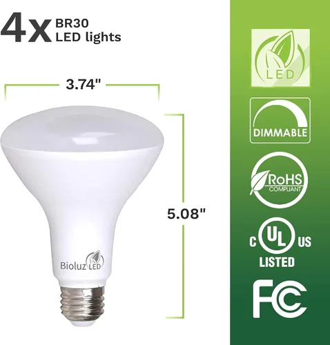 Vista 3 de Bioluz LED Paquete de 4 Bombillas LED BR30 Luces de Inundación para Interiores 90+ CRI Equivalente a 65W usa 7.5W 2700K Blanco Cálido 650 Lúmenes