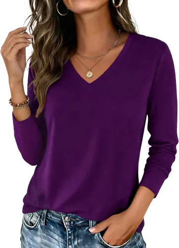 Vista 16 de Zeagoo Camisas de manga larga para mujer, cuello en V, casual, básica Rosa