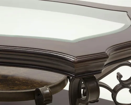 Vista 5 de SSLine Mesa auxiliar de madera vintage, elegante mesa de cóctel rectangular curvada con parte superior de vidrio templado y estante de mármol, mesas