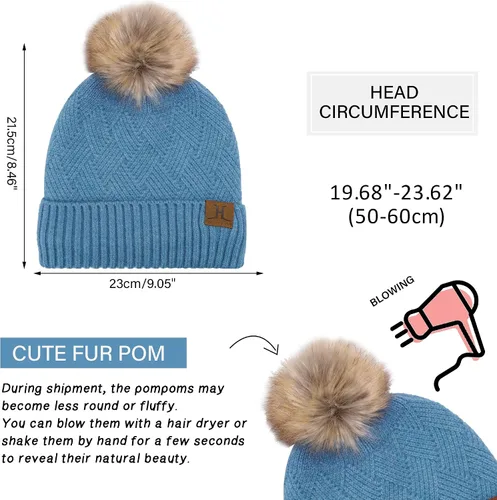 Vista 5 de Conjunto de gorro de punto cálido para mujer, bufanda larga, guantes para pantalla táctil, con forro polar, gorro de calavera con pompones, regalos