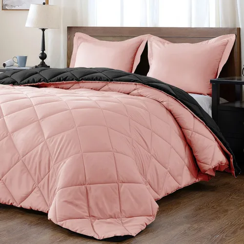 Vista 18 de Juego de edredón reversible alternativo de 5 piezas (rojo/rosa, Queen (88 x 88 pulgadas), 1 edredón con 4 fundas de almohada, algodón suave, 1000