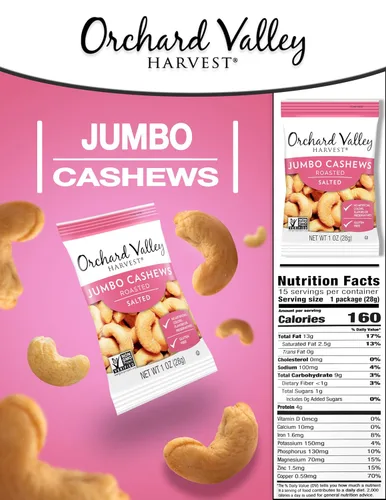 Vista 2 de Orchard Valley Harvest Anacardos jumbo, bolsas de 1 onza (paquete de 15), anacardos salados tostados enteros, sin gluten, sin colorantes, sabores ni