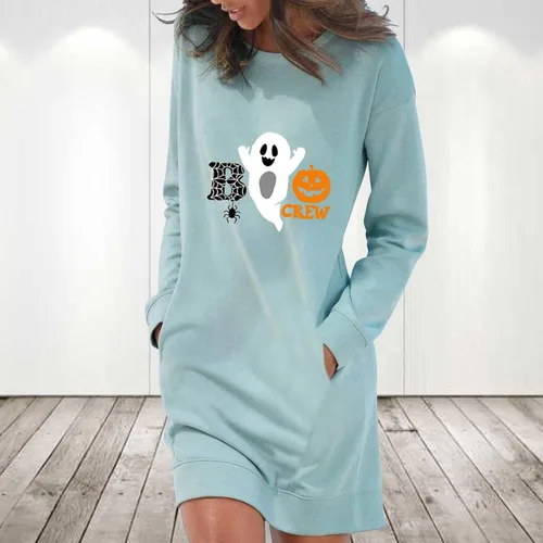 Vista 2 de Vestido de Halloween para mujer casual color liso manga larga cuello redondo bolsillo 2022