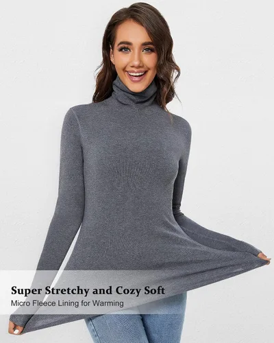 Vista 2 de SIMIYA Camisas de manga larga con cuello alto para mujer, para otoño, invierno, a la moda, elástica, capa base, ropa interior térmica