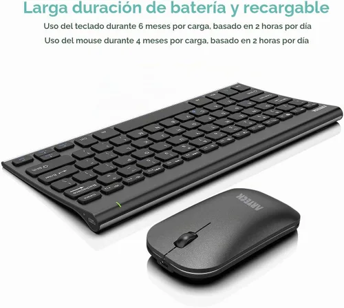 Vista 5 de Arteck Combo de teclado y mouse Bluetooth ultra compacto, delgado de acero inoxidable, tamaño completo y ratones ergonómicos