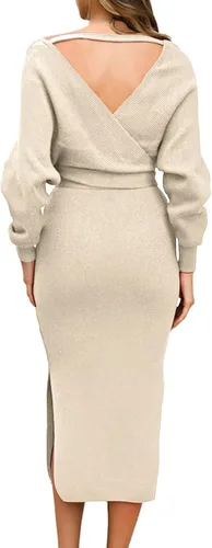 Vista 3 de TOLENY Elegante vestido tipo suéter cruzado con cuello en V para mujer, manga larga de murciélago, espalda descubierta, vestido de punto por debajo