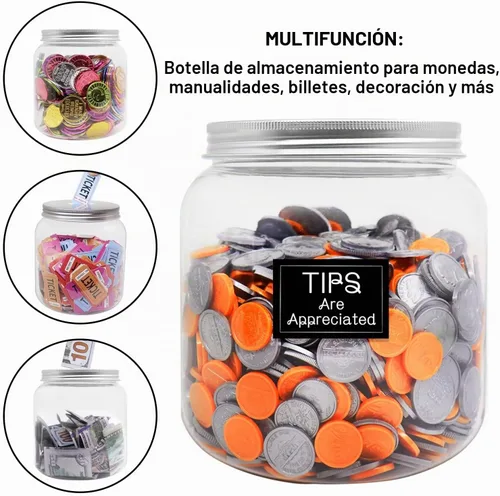 Vista 3 de Paquete de 2 monedas de plástico transparente grande con tapa ranurada plateada, monedas de plástico grandes, alcancía para cambio de dinero, tarro