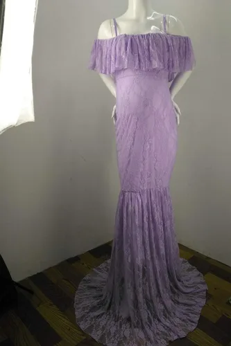 Vista 4 de HIHCBF Vestido de sirena de maternidad de encaje para mujer, hombros descubiertos, volantes, tirantes delgados, ajustado, para sesión de fotos