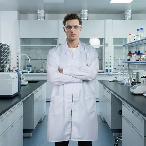Vista 8 de Disfraz de científico médico para mujeres y hombres, para Halloween, manga de botón blanco, abrigos de laboratorio, unisex, accesorios de enfermera