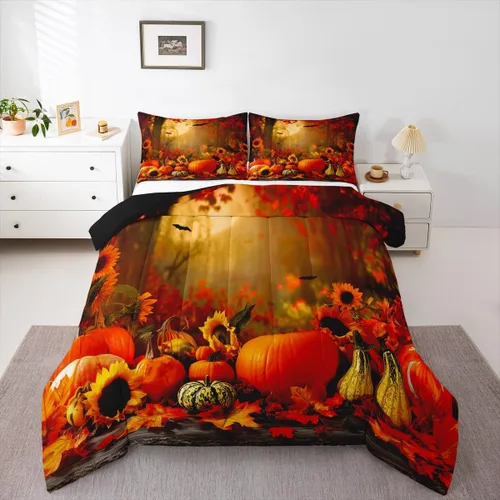 Vista 25 de Erosebridal Juego de edredón individual de pavo de Acción de Gracias, juego de ropa de cama de calabaza con hojas de otoño para niños y adultos