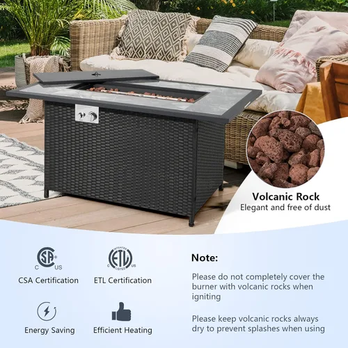 Vista 6 de COSTWAY Mesa de fuego de propano para patio de 52 pulgadas, mesa de fuego para exteriores de 50,000 BTU, encendido por pulso, mesa de mármol y ratán