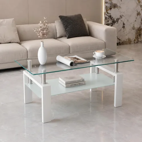 Vista 10 de Mesa de centro de vidrio rectangular Meihua de 2 niveles, mesa de té moderna, mesa auxiliar de café para sala de estar (todo negro)