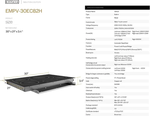 Vista 5 de Empava Placa de cocina de inducción incorporada de 30 pulgadas 4 quemadores, Bridge-SYNC, Auto RapidHeat, 3 modos preestablecidos, sensor de sartén