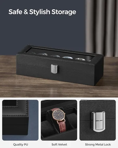 Vista 3 de SONGMICS Caja de reloj, caja de reloj de 6 ranuras con tapa de vidrio grande, almohadas extraíbles para reloj, organizador de caja de reloj, regalo