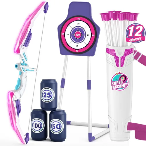 Vista 15 de HYES Arco y flecha para niños, juego de tiro con arco con luz LED con 12 flechas de ventosa, 1 objetivo para colgar, 3 objetivos de puntuación y 1