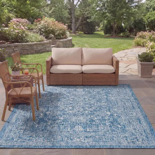 Vista 51 de SAFAVIEH Alfombra lavable al aire libre, colección Courtyard - 2'3" x 5', azul aguamarina y gris, no desprende pelusa y fácil limpieza, ideal