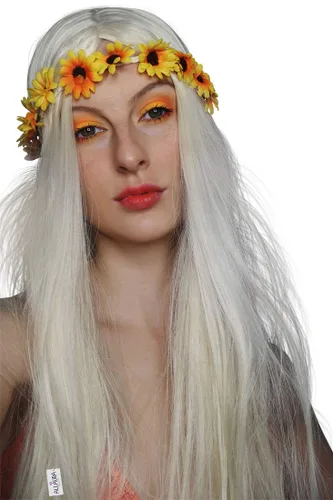 Vista 7 de Allaura Disfraz de diadema con flores, peluca hippie para mujer, disfraz de los años 1970 + diadema de flores extraíble, peluca larga, rubia