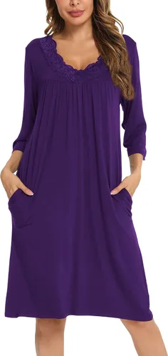 Vista 4 de YYA Nightgowns for Women 34 Sleeve Sleepwear Lace Comfy Sleep Gowns Pleated V Neck Plus Size Nightshirt S-4XL