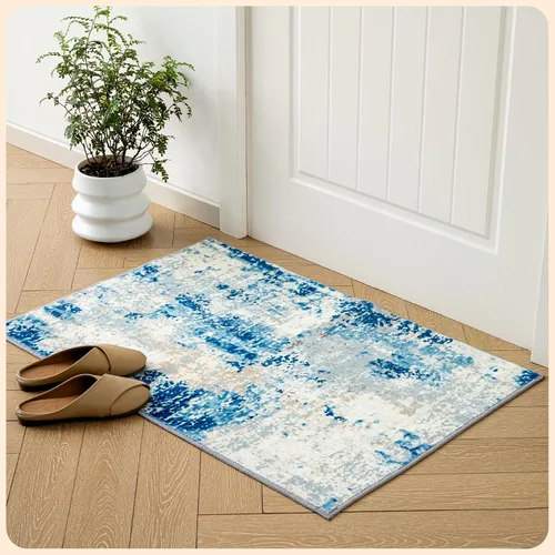 Vista 201 de Istana Alfombra larga antideslizante de 2.5 x 8 para el hogar, para pasillo y cocina, lavable, sedosa y suave al tacto, elegante, color azul y marfil